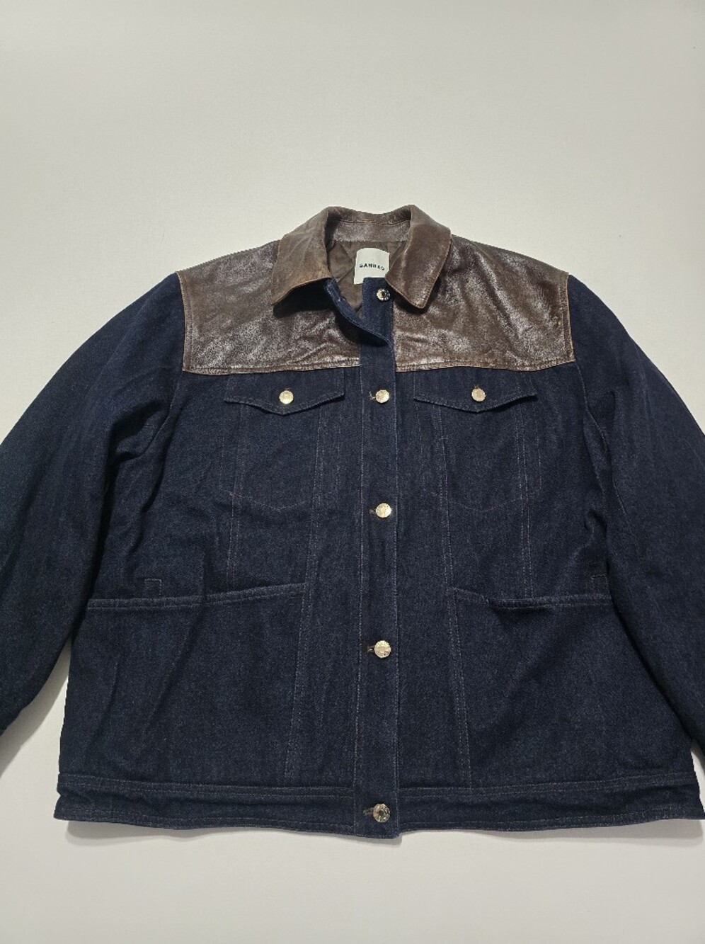 Sandro Raphael Denim Jacket With Leather Detail Long Sleeve Front Button Size L - Picture 3 of 16